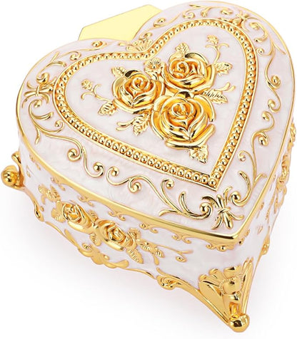 Hipiwe Vintage Metal Jewelry Box - Heart Shape Trinket Organizer Ring Box Case with Rose Pattern Jewelry Storage Box for Ring Earrings Necklace, Gift for Women