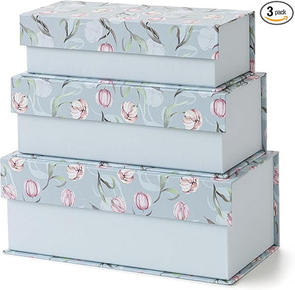 Soul & Lane Decorative Storage Boxes with Lids, Set of 3 Cardboard Boxes for Home Décor and Documents, Memory Organizers for Keepsakes with Magnetic Closure, Photo Storage, Spring Classic