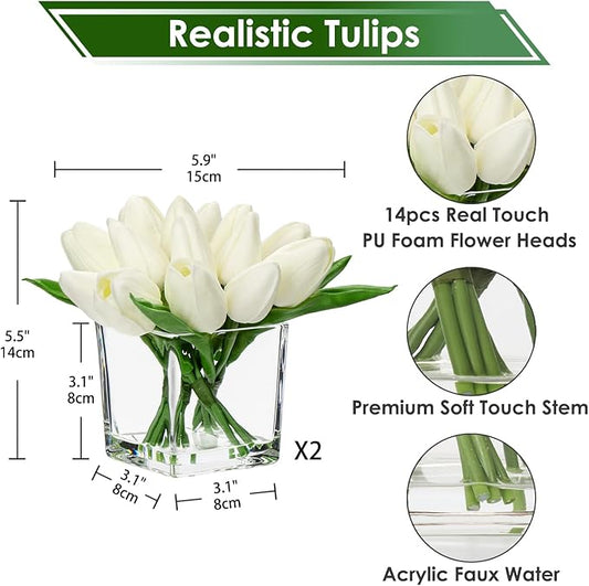 DILATATA Artificial White Tulips in Vase with Faux Water 5.5" Real Touch Flowers Fake Tulips Small Flowers Arrangement in Cube Glass Vase for Mother's Day Table Centerpiece Wedding Home Decor