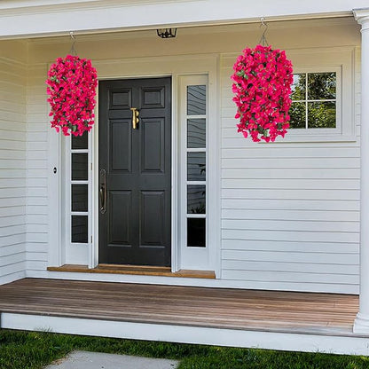 2 pcs Artificial Faux Bougainvillea Flowers Plants for Outdoor Outside Summer Decoration, Fake Silk UV Resistant Long Trailing Vines for Front Door Porch Planter Balcony (Purple Rose Red)