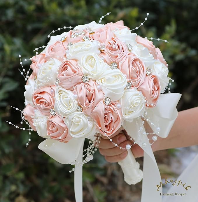 Bridal Wedding Bouquet Round Bling Brooch Bouquet Throw Toss Artificial Rose Flower Bunch for Bride Bridesmaid Wedding Quinceanera(Peach Pink & Ivory, 6.3")