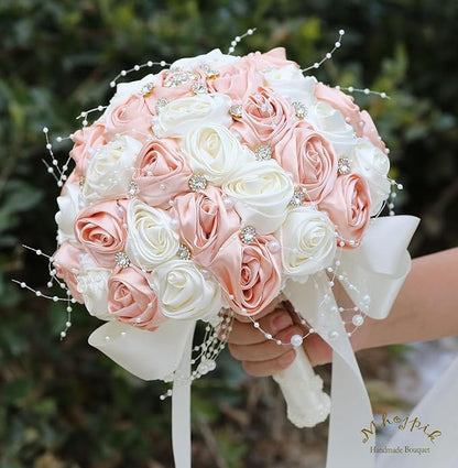 Bridal Wedding Bouquet Round Bling Brooch Bouquet Throw Toss Artificial Rose Flower Bunch for Bride Bridesmaid Wedding Quinceanera(Peach Pink & Ivory, 6.3")