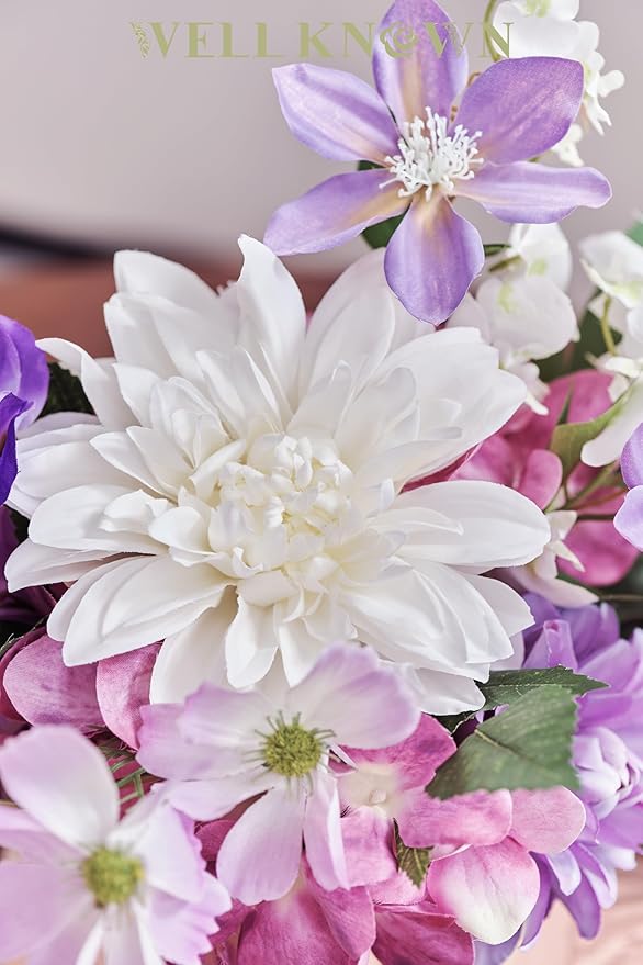 WELL KNOWN Artificial Flowers Silk Peony Flower Bouquet in Vase, Fake Flowers with Vase, Faux Flower Arrangements, Table Decorations for Living Room, Coffee Table Decor