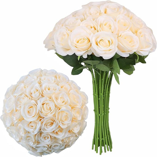 Artificial Rose Flower Artificial Flowers Flower with Long Stem Silk Roses Bouquet for Wedding Bridal Shower Party Home Decoration (Champagne, 30 Pcs)
