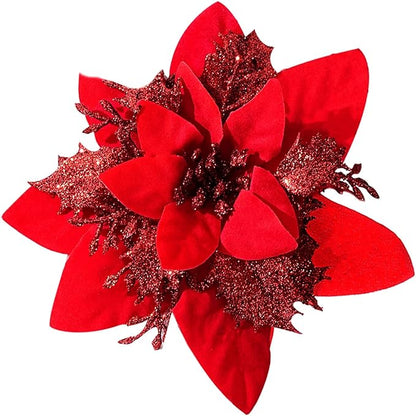 Zhuqing 15Pcs Christmas Poinsettia Artificial Flowers Decorations, Glitter Poinsettia Christmas Tree Ornaments,All Red Tree Flowers for Xmas/Party/Holiday/Wreath/Garland Decor, with Cilps, 5.5 Inch