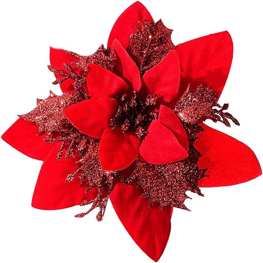 Zhuqing 15Pcs Christmas Poinsettia Artificial Flowers Decorations, Glitter Poinsettia Christmas Tree Ornaments,All Red Tree Flowers for Xmas/Party/Holiday/Wreath/Garland Decor, with Cilps, 5.5 Inch