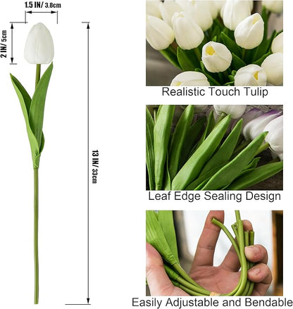 20pcs White Artificial Tulip Flowers, Silk Fake Flowers 13" for Mother's Day, Easter, Valentine’s Day Gifts in Bulk, Home, Kitchen, Wedding Decorations