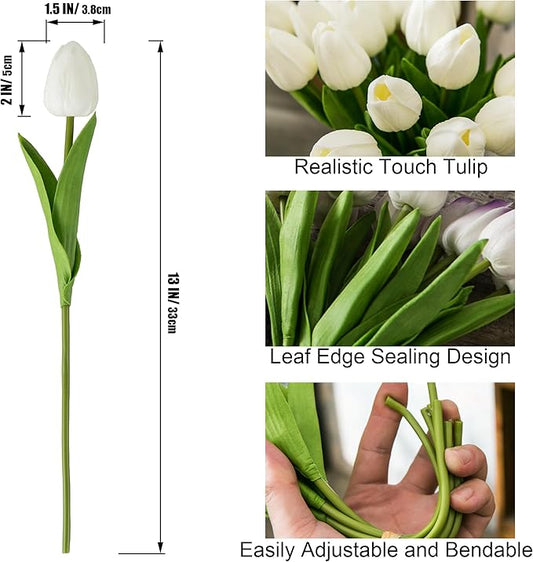 20pcs White Artificial Tulip Flowers, Silk Fake Flowers 13" for Mother's Day, Easter, Valentine’s Day Gifts in Bulk, Home, Kitchen, Wedding Decorations
