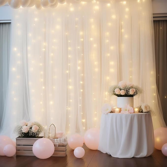 20ft x 10ft White Backdrop Curtain with Lights String for Parties, Sheer Tulle Wedding Photo Backdrops Drapes for Baby Shower Birthday Party Decorations Background for Photography