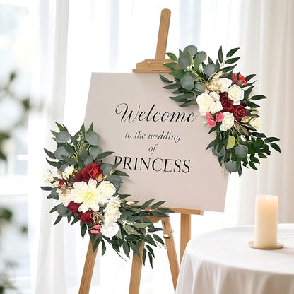 Artificial Wedding Arch Flowers (Pack of 2) White Wedding Flowers for Wedding Welcome Ceremony Sign Faux Floral Swags, Banquet and Reception Backdrop Floral Decoration (White & Red)