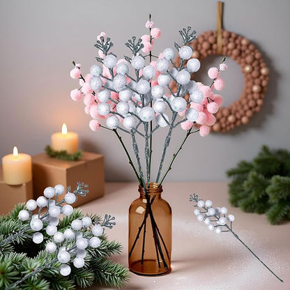 24Pack Christmas Picks Glitter Berries Stems Artificial White Berry Branches Holly Picks Stems Christmas Tree Ornaments for DIY Xmas Wreath Crafts Gifts Holiday Home Decor (White)