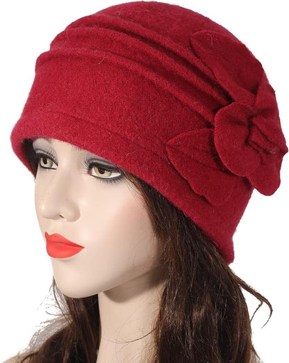 ZLYC Women Wool Cloche Bucket Hat 1920s Vintage Dress Winter Hats with Flower Accent