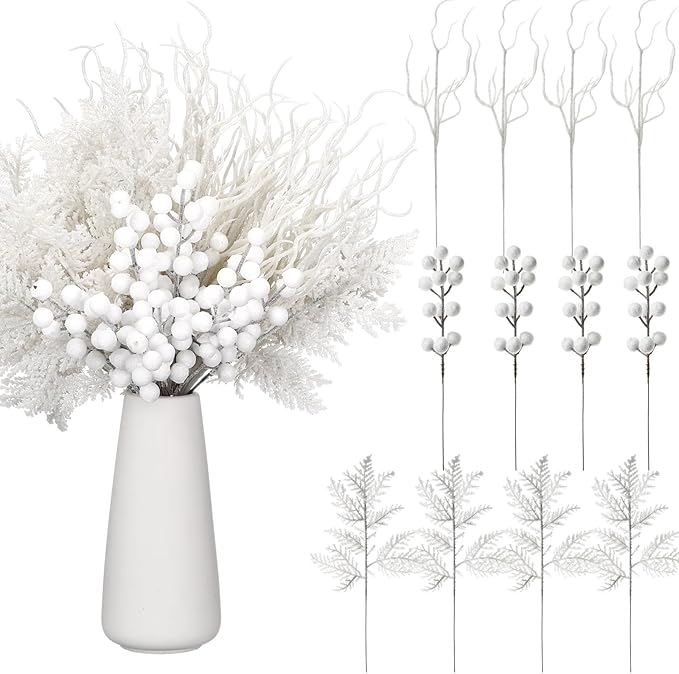 75 Pcs Christmas Glitter Branches 3 Styles Artificial Christmas Picks Berries Stems Pine Needles Floral Twig Spray for Xmas Tree Ornaments DIY Wreath Garland(White)