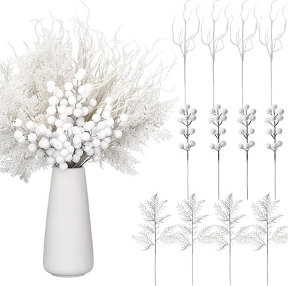 75 Pcs Christmas Glitter Branches 3 Styles Artificial Christmas Picks Berries Stems Pine Needles Floral Twig Spray for Xmas Tree Ornaments DIY Wreath Garland(White)