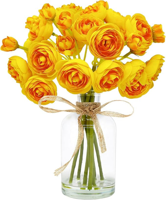 Ranunculus Artificial Flowers with Vase, 8 Pcs Faux Silk Ranunculus Flower in Vase, Small Flower Arrangements for Home Decor Indoor, Table Centerpiece. (Yellow)
