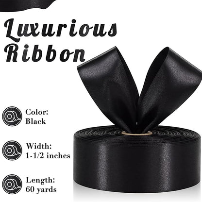 Black Ribbon 1-1/2 Inch, 60 Yards Black Satin Ribbon for Gift Wrapping, Fabric Ribbon for Flower Bouquet Crafts Wedding Christmas Halloween