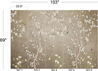 Plum Blossom Flower Bird Chinoiserie Wall Mural Wallpaper for Bedroom 103" x 69"