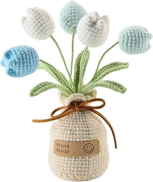 Crocheted Tulips, Hand-Woven Potted Plants, Permanent Tulips, Used for Creative DIY Table Decoration, Birthday Gift ，Graduation Ceremony, Christmas and Thanksgiving (5 Flowers-Blue)