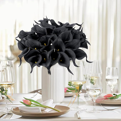 24 Pcs Black Artificial Calla Lily Flowers Fake Black Silk Flowers Real Touch for Wedding Bouquet Office Home Kitchen Decor