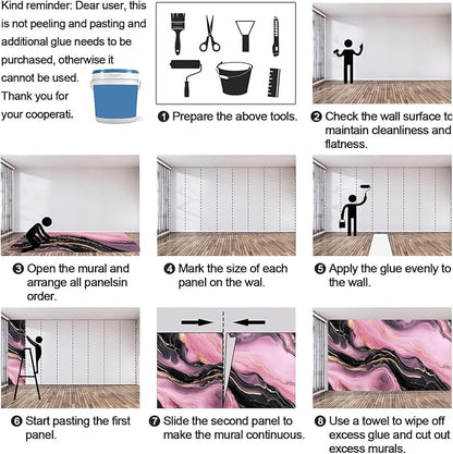 Pink Black Marble Wall Mural, Luxury Fluid Art 3D Wall Murals, Gold Vein Abstract Marble Wallpaper Mural, for Living Room Bedroom Large Wallpaper Indoor Decor 169.3" W x118.2 H