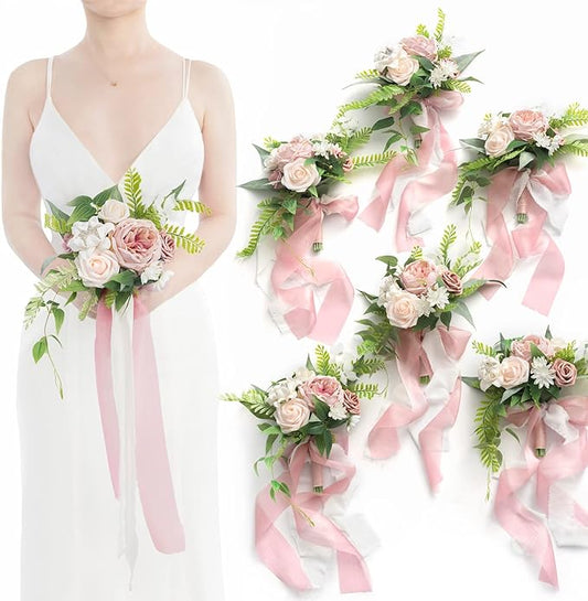 Ling's moment Artificial Flowers Pink Bridesmaid Bouquet Set of 6, Dusty Rose Wedding Flowers Bouquets for Bridesmaids, 7 Inch Bridal Bouquets for Bridesmaids, Wedding, Ceremony, Anniversary, etc