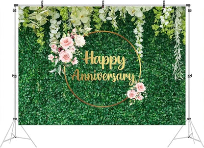 Ticuenicoa 7x5ft Green Grass Wall Floral Happy Anniversary Backdrop for Flower Love Cheers to 10 Years 50th Wedding Birthday Party Supplies Decorations Banner Photo Booth Props Gifts Background