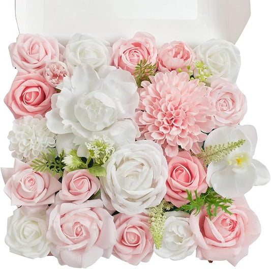 TINGE TIME Artificial Flowers Combo Mix Silk Flowers Pink Roses w/stem for DIY Wedding Bridal Bouquets Baby Shower Floral Arrangement Table Centerpieces Home Decorations (Blush Pink & White)