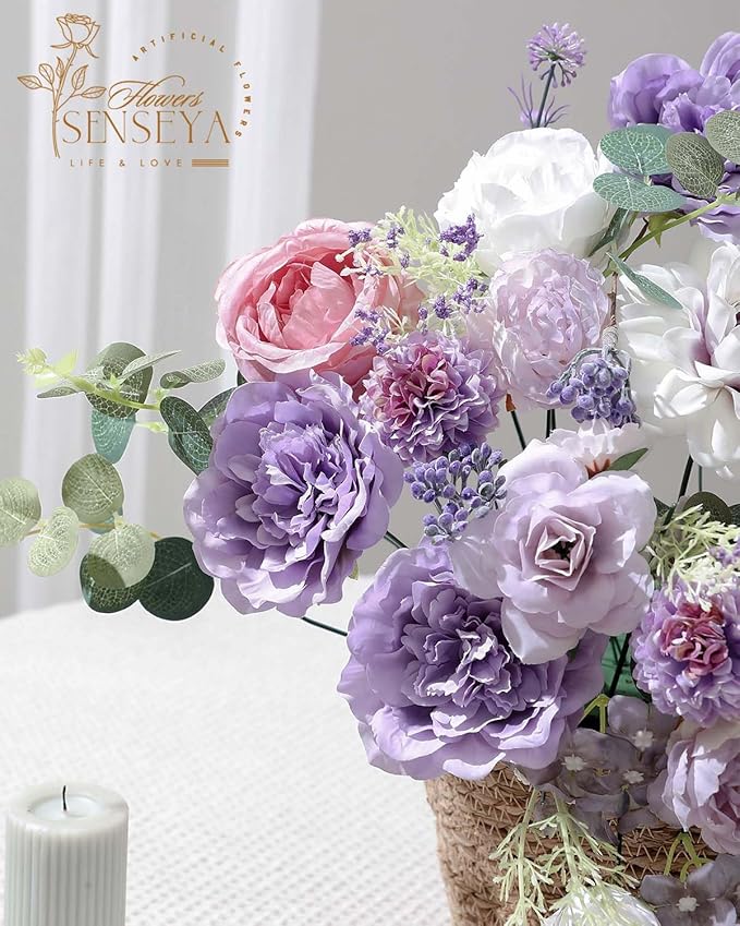 Senseya Artificial Flowers Combo Set, Purple Silk Roses, Peonies, Dahlias with Stems for DIY Wedding Bouquets, Baby Shower, Table Centerpieces, Home Decor, Fake Floral Arrangements, Party Decorations