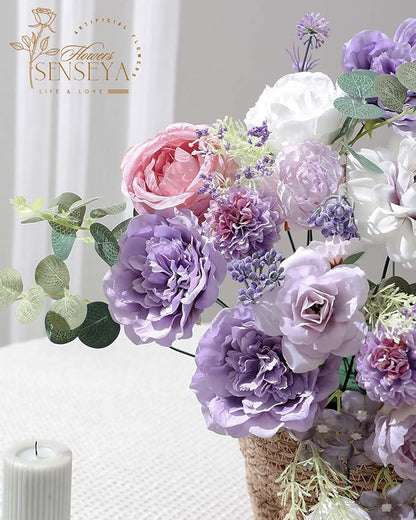 Senseya Artificial Flowers Combo Set, Purple Silk Roses, Peonies, Dahlias with Stems for DIY Wedding Bouquets, Baby Shower, Table Centerpieces, Home Decor, Fake Floral Arrangements, Party Decorations