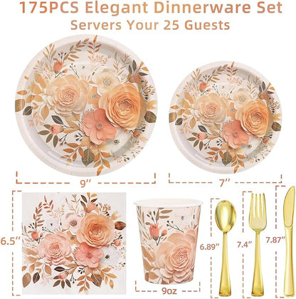 175PCS Floral Plates and Napkins Sets, Floral Party Supplies Plates, Cups, Spoons, Fork, Napkins - For Women Birthday Party Decorations