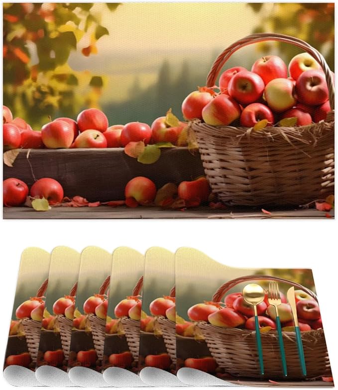 Fall Fruit Apple Placemats Set of 1 PVC Vinyl Non Slip Table Mats Waterproof Heat Resistant Place Mats Washable Wipeable Dining Table Mat for Kitchen Party Farmhouse Indoor Outdoor Decorative