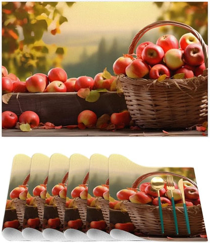 Fall Fruit Apple Placemats Set of 6 PVC Vinyl Non Slip Table Mats Waterproof Heat Resistant Place Mats Washable Wipeable Dining Table Mat for Kitchen Party Farmhouse Indoor Outdoor Decorative