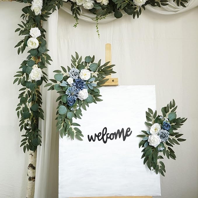 Blue White Wedding Arch Flowers, Faux Flower Swag Set of 2, Blue White Floral Swag for Wedding Arch Welcome Signs, Reception Ceremony Signs Decor