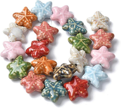 Beadthoven 20pcs Starfish Handmade Porcelain Beads Colorful Printed Ceramic Beads Ocean Sea Star Fish Charm Craft Spacers for Bracelets Necklace Keychain DIY Jewelry Making 20mm Mixed Colors