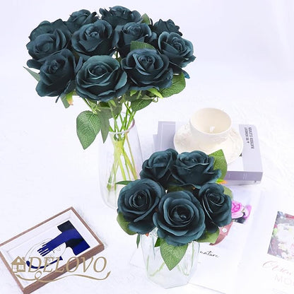 52pcs Emerald Green Roses Artificial Flowers Fake Flowers Silk Roses with Stems for DIY Wedding Bouquets Bridal Shower Centerpieces Arrangements Party Decorations