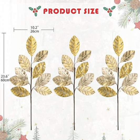 Hollyone 23.6” Christmas Tree Picks and Sprays 3Pcs Champagne Artificial Magnolia Stems Magnolia Leaves Branches Fake Gold Leaf Floral for Vase DIY Xmas Tree Garland Wreath Centerpieces Wedding Decor