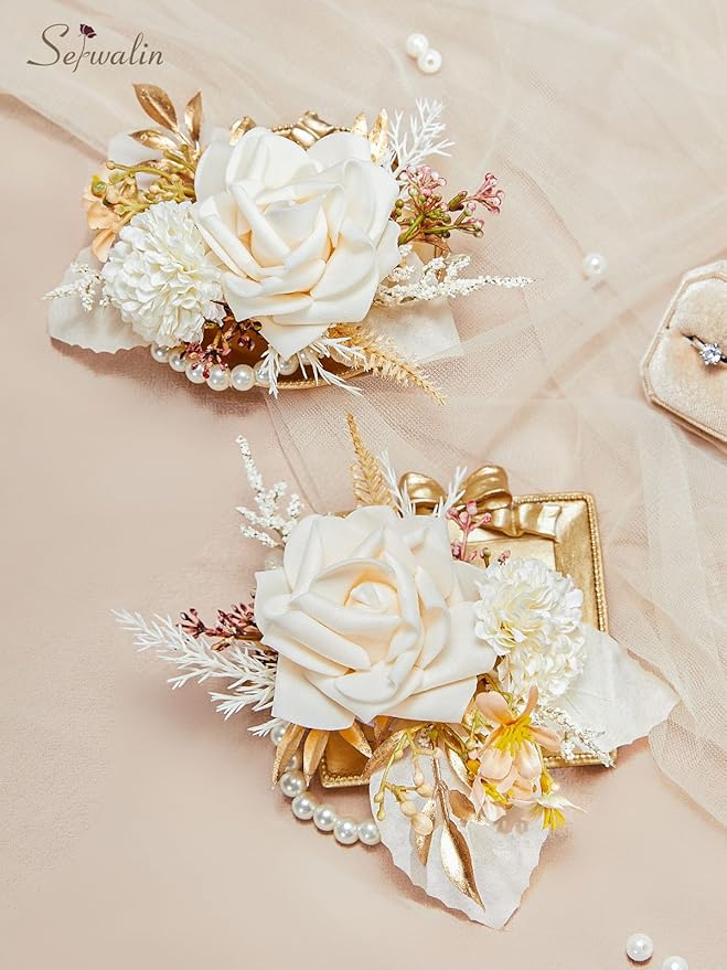 Serwalin Set of 2 Wrist Corsage for Wedding, 6-7 Inch Corsages for Bridesmaid Mother Grandmother, Artificial Flowers for Prom Ceremony Anniversary Cake Topper (Champagne)