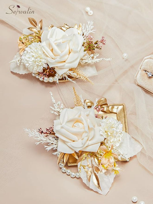 Serwalin Set of 2 Wrist Corsage for Wedding, 6-7 Inch Corsages for Bridesmaid Mother Grandmother, Artificial Flowers for Prom Ceremony Anniversary Cake Topper (Champagne)