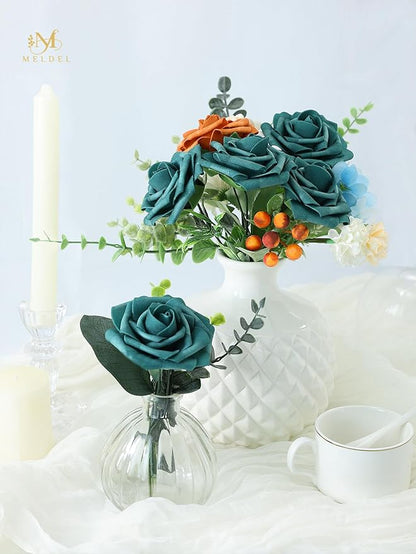 Meldel Artificial Flowers 50pcs Real Looking Peacock Green Foam Fake Roses with Stems for DIY Wedding Bouquets Bridal Shower Centerpieces Floral Arrangements Home Decorations Bulk Crafts Rose