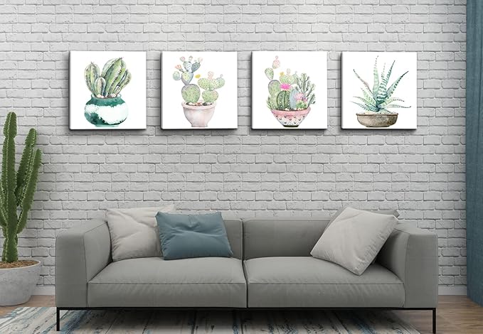 Succulent Plants Bathroom Decor Wall Art, Green Cactus Pictures Canvas Print, Botanical Paintings for Bedroom Living room Office Decoration - 16" X 16"
