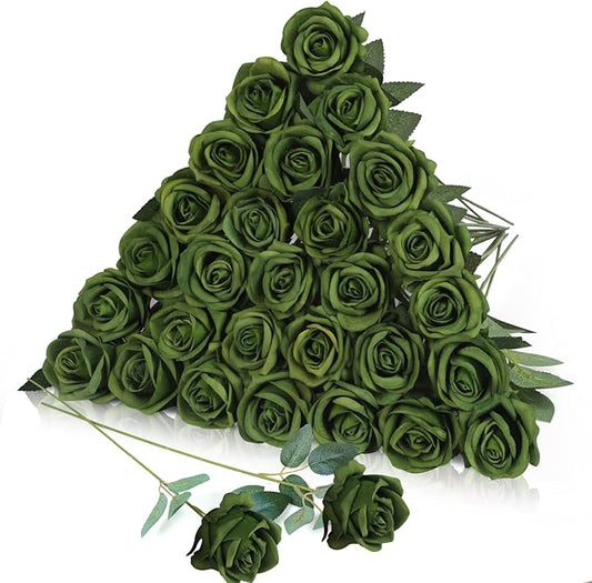 30pcs Fake Roses Artificial Silk Flowers Long Stems Bouquet for Wedding Bridal Shower Party Home Decoration (Green)