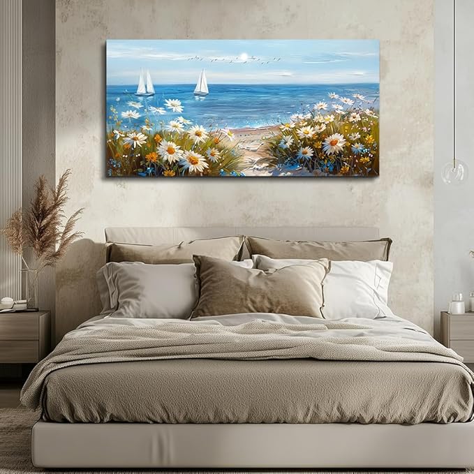 PHAOHUAXM Wall Art For Dining Room Kitchen Blue Ocean Landscape Painting Art Pictures Living Room Decor Vintage Landscape Canvas Print Suitable For Bedroom Office Farmhouse Wall Decoration 24x48 In