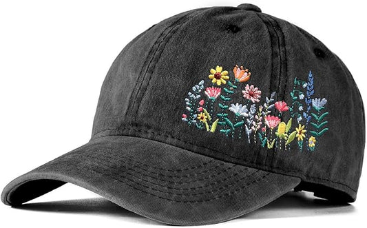 Cute Flower Hat, Elegant Floral Embroidered Adjustable Baseball Cap for Men Women, Gifts for Flower Lovers, Black