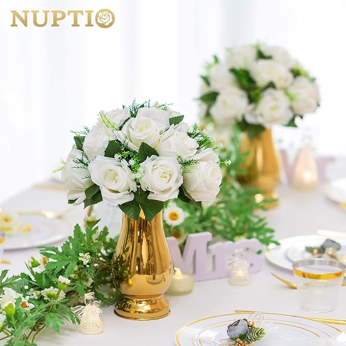 NUPTIO White Flower Centerpieces for Tables: Artificial Flower Ball Arrangement for Wedding Party - 2 Pcs 9.5 Inch Diameter Fake Floral Rose for Bridal Shower Decorations