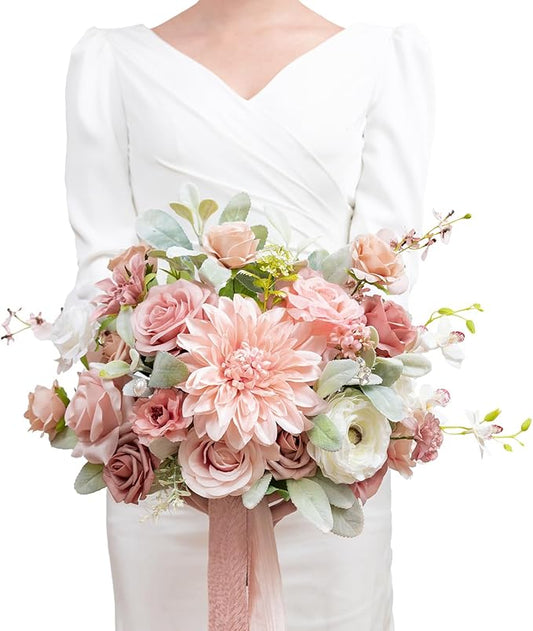 TINGE TIME 13 Inch Wedding Bouquets for Bride,Bridal Bouquet for Bride, Artificial Silk Flowers for Wedding Ceremony and Anniversary (Dusty Rose & Cream)