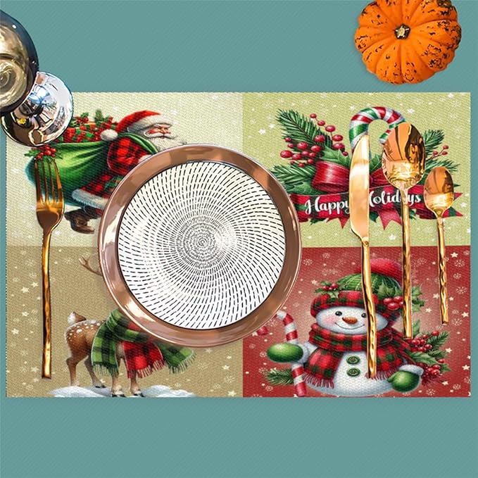 Christmas Waffle Santa Claus Cute Placemats Set of 6 PVC Vinyl Non Slip Table Mats Heat Resistant Place Mats Washable Wipeable Dining Table Mat for Kitchen Decor Party Indoor Outdoor Decorative Gift
