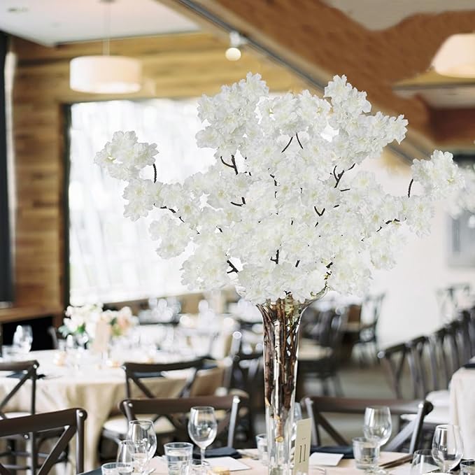 2 Pcs Artificial Cherry Blossom Flowers Branches 41" Faux Cherry Blossom Long Stem White Silk Cherry Blossom Tree Tall Fake Flower Arrangement for Home Wedding Centerpieces Spring Indoor Decor