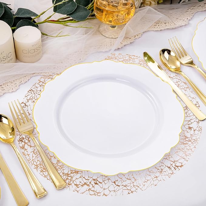 Hysenm 100 Pcs Disposable Champagne Placemats Set Metallic 13 Inch Round Table Doilies, Ultra-Thin Messy Lines Disposable Placement Mats for Home Decoration Dining Table Wedding Birthday Party
