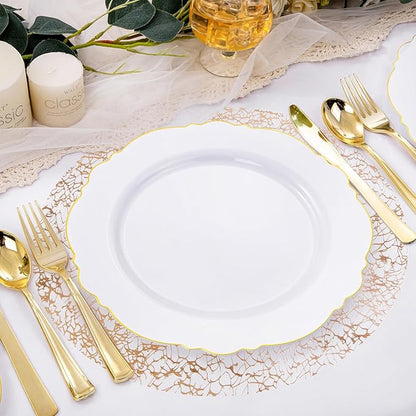 Hysenm 100 Pcs Disposable Champagne Placemats Set Metallic 13 Inch Round Table Doilies, Ultra-Thin Messy Lines Disposable Placement Mats for Home Decoration Dining Table Wedding Birthday Party