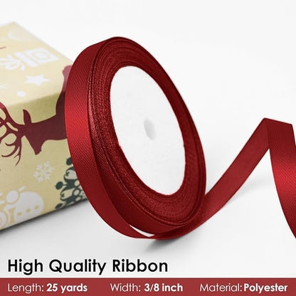 25 Yards 3/8 inch Satin Ribbon, Solid Color Fabric Ribbon Perfect for Gift Wrapping, Wedding, Handmade Bows, Floral Bouquets and Party Decoration(Wine red)